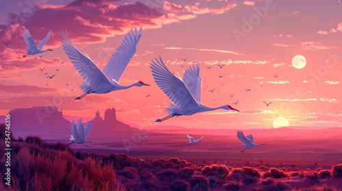 Origami cranes flying alongside real birds over a desert oasis at twilight blending art with nature