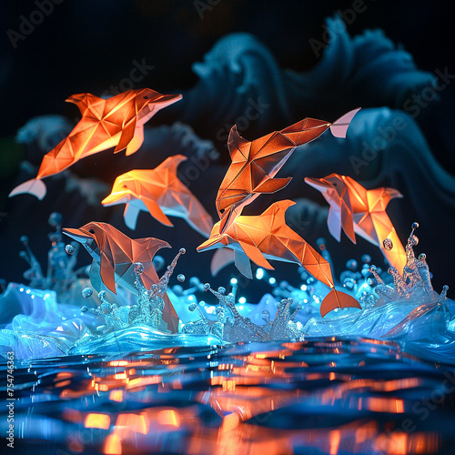 Origami dolphins leaping from the water in a glowing bioluminescent bay accompanied by real dolphins