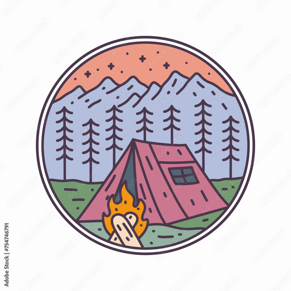 Mono line design of the mountain warmed by bonfire design for badge, t shirt, sticker art