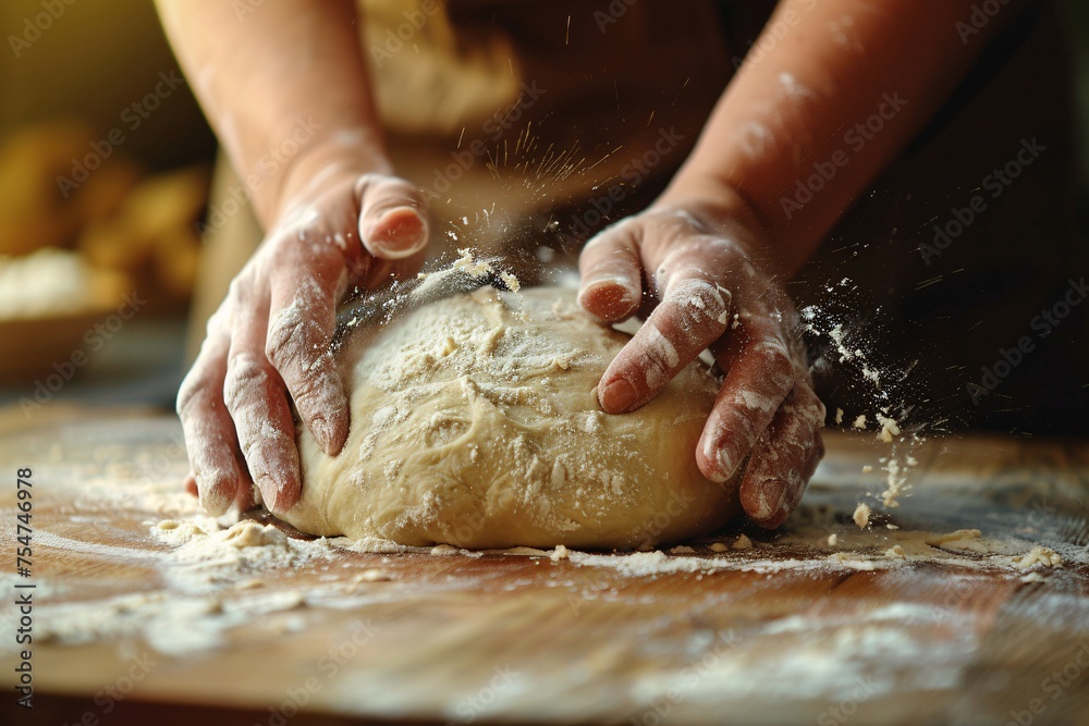 Baker's hands are kneading sourdough for bread on a floured board. 
