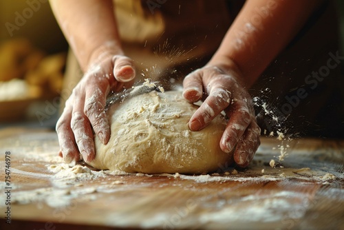 Baker's hands are kneading sourdough for bread on a floured board. 