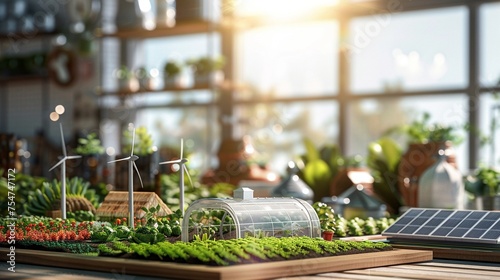 A detailed image of a wooden table holding a miniature sustainable farm complete with tiny wind turbines © Thanakorn