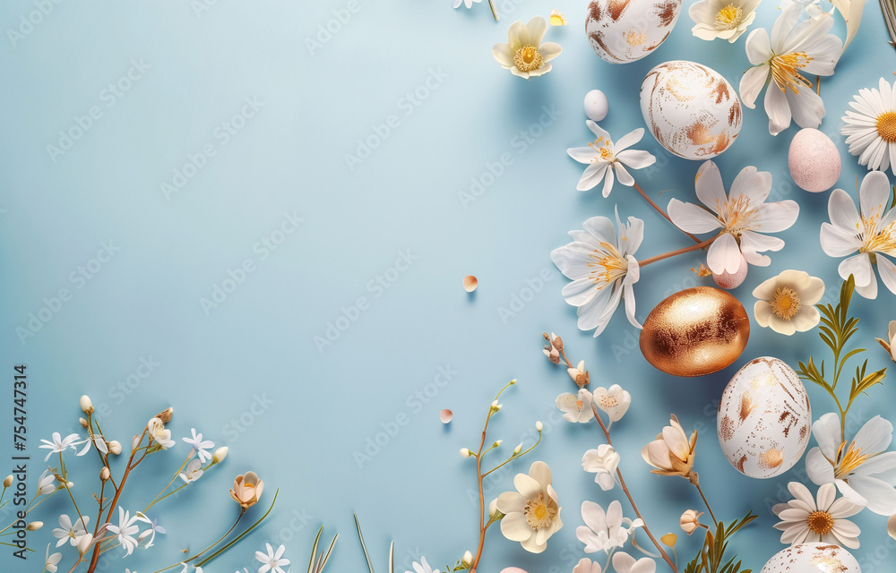 Easter Golden Eggs and Spring Flowers Cover Background Banner Print for Greeting or Social media Post. Pascha Fest. Neo Art Cards E V 7 30