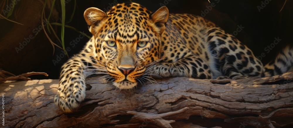 A Ceylon leopard, a large spotted wild cat, is sprawled out on a sturdy tree branch, its powerful legs supporting its weight as it gazes forward with alert eyes.