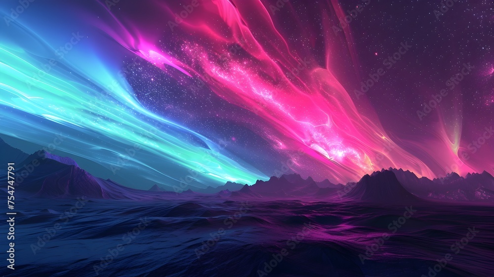 Vibrant Night Sky Fantasy Neon Aurora Borealis over Mountains - obrazy, fototapety, plakaty 