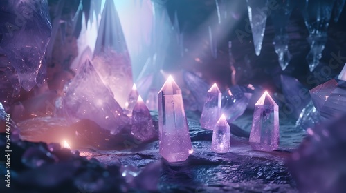 Purple Crystal Cave with Glowing Quartz Points and Pastel Lighting