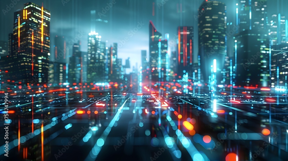 Fototapeta premium Futuristic City Nightscape with Dynamic Lighting and Digital Grid Data Flow