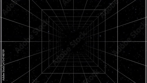 Retro Futuristic 80-90's Universe space tunnel Background, Abstract digital tunnel with star moving. Retro futurism, Retro wave cyber grid animation loop.