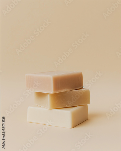 3d render of a stack of natural organic soap bars on a beige background. straight-on shot, three soap bars stacked on top of each other, commercial photography. japanese minimalism, neutral colors.