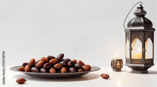 a beautiful ramadan lantern with a plate of dates on white background. Ramadan kareem	