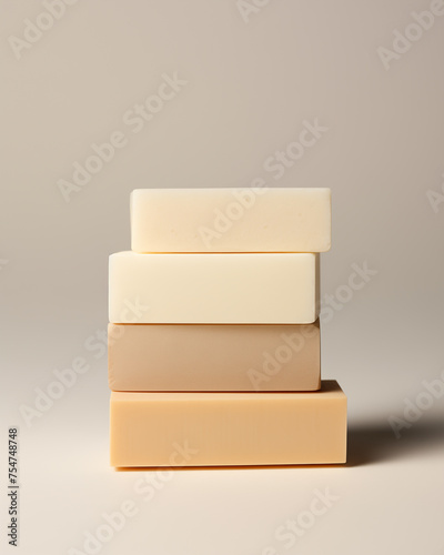 3d render of a stack of natural organic soap bars on a beige background.  straight-on shot, three soap bars stacked on top of each other, commercial photography.  japanese minimalism, neutral colors. © Daisy