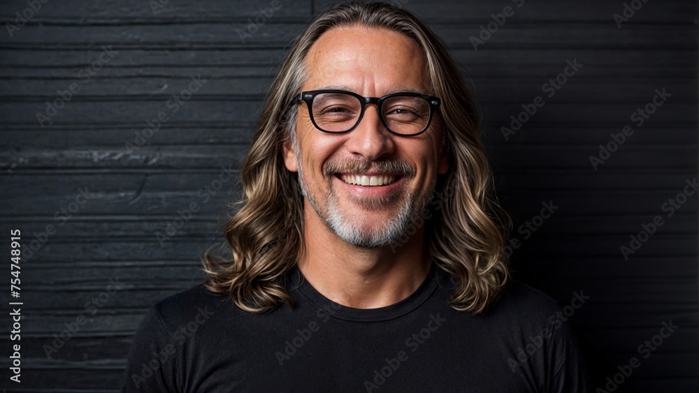 Happy person with long hair, a man smiling for the camera, portrait of a middle aged man Happy person with long hair, a man smiling for the camera, portrait of a middle aged man
