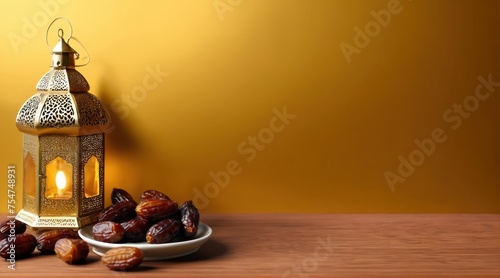 a beautiful rgolden lantern with a plate of dates. Ramadan kareem 