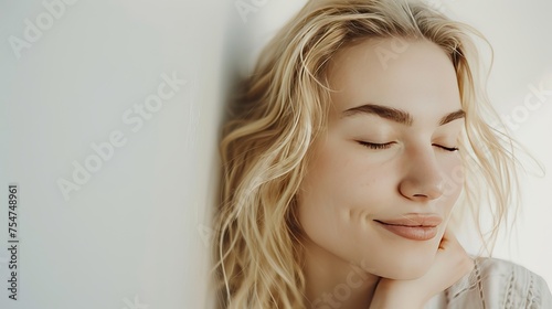Close up Thoughtful Smiling Blond Girl Closing her Eyes While Leaning on a White Wall with Copy Space