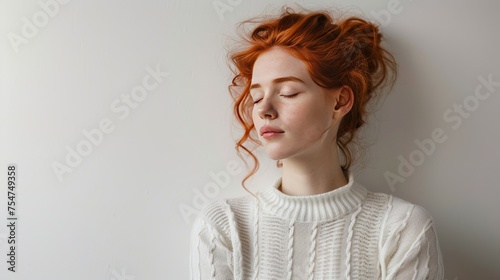 Serene young redhead woman taking a moment to relax or meditate standing with closed eyes against a white wall with copy space