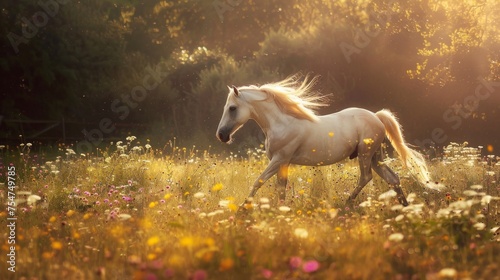 Graceful White Stallion Running in Wildflower Field