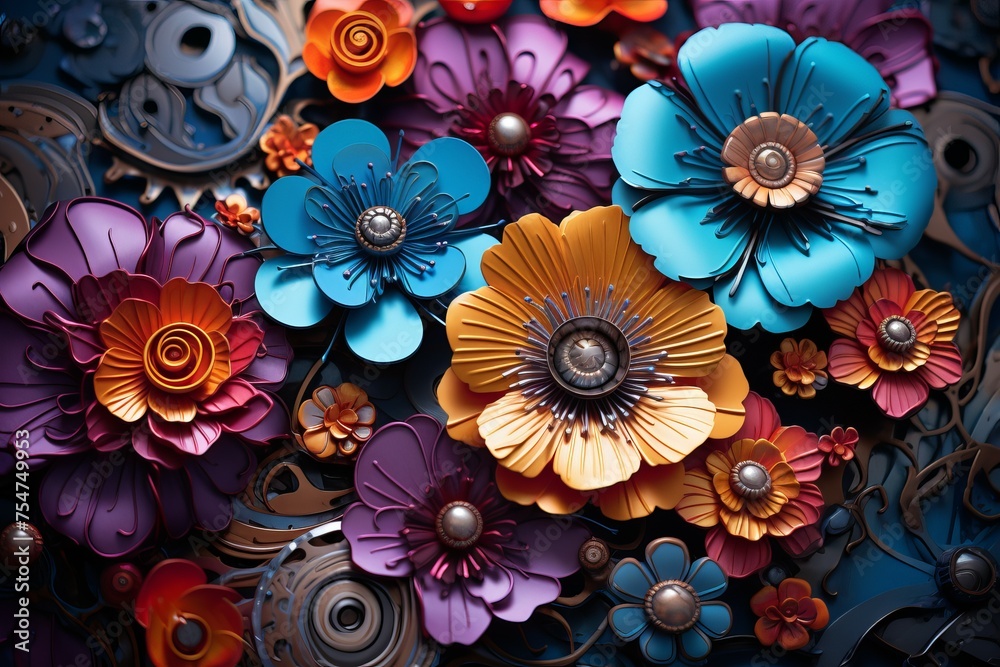 Artistic Mechanical flowers. Metal steel sky. Generate Ai Artistic Mechanical flowers. Metal steel sky. Generate Ai