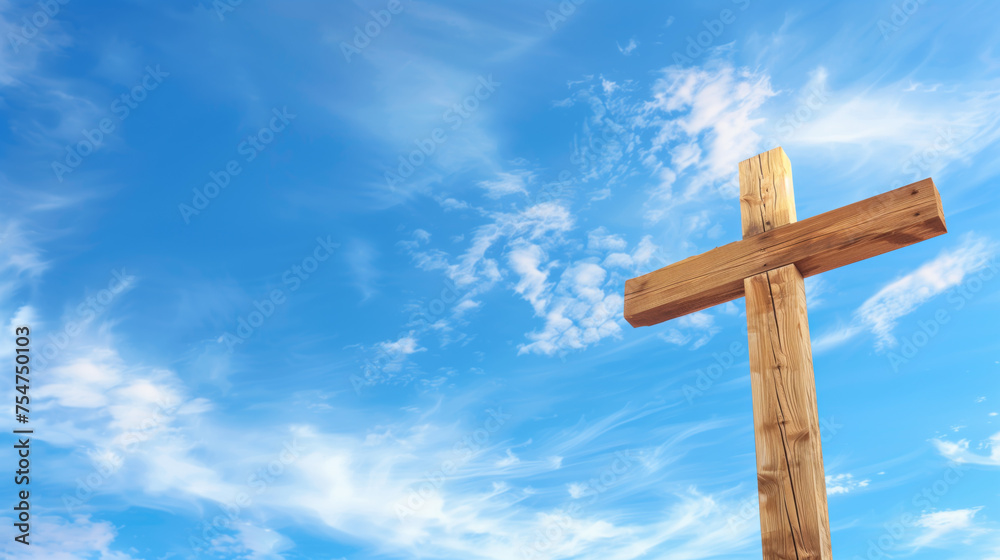 Wooden cross against a vibrant blue sky with fluffy clouds, symbolizing Christian faith and Easter, with copy space for text Wooden cross against a vibrant blue sky with fluffy clouds, symbolizing Christian faith and Easter, with copy space for text