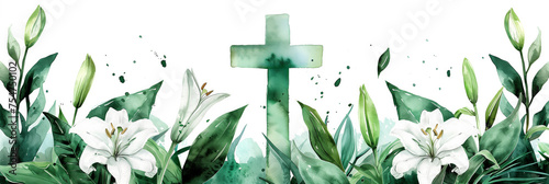 Elegant watercolor illustration of white lilies and green leaves with a central faded cross, suitable for Christian religious events with space for text photo
