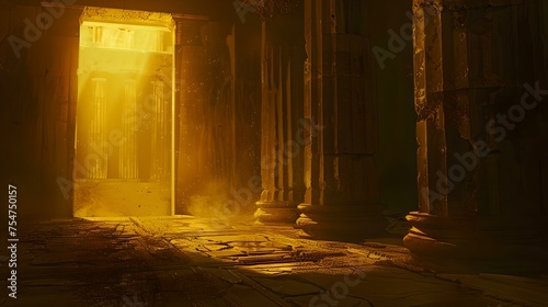 Mysterious ancient temple entrance bathed in golden light, perfect for fantasy settings and historical themes. evocative atmospheric scene. AI