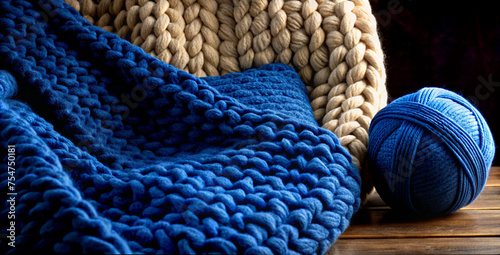 Artisanal Chunky Knit Blankets in Navy Blue and Beige on a Wooden Surface
