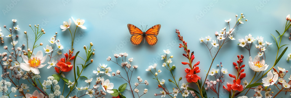 Spring floral arrangement with a monarch butterfly on a serene blue background, providing ample copy space, ideal for seasonal greetings or nature-themed designs