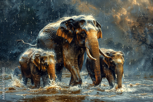 Elephants enjoying a refreshing moment as a family in the rain, surrounded by a dramatic, dark, and stormy landscape