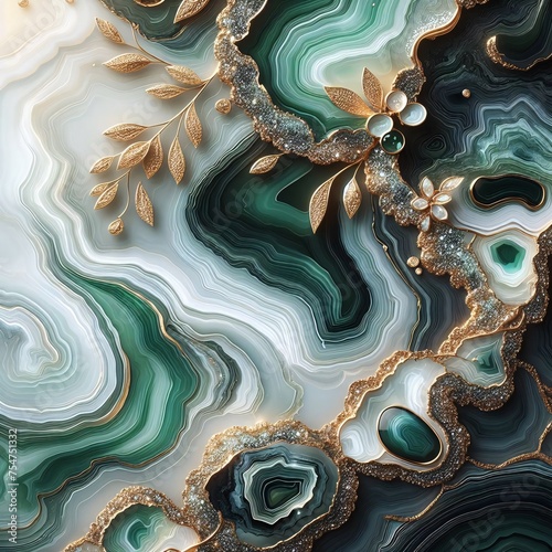 Abstract fractal background of green agate stone with gold