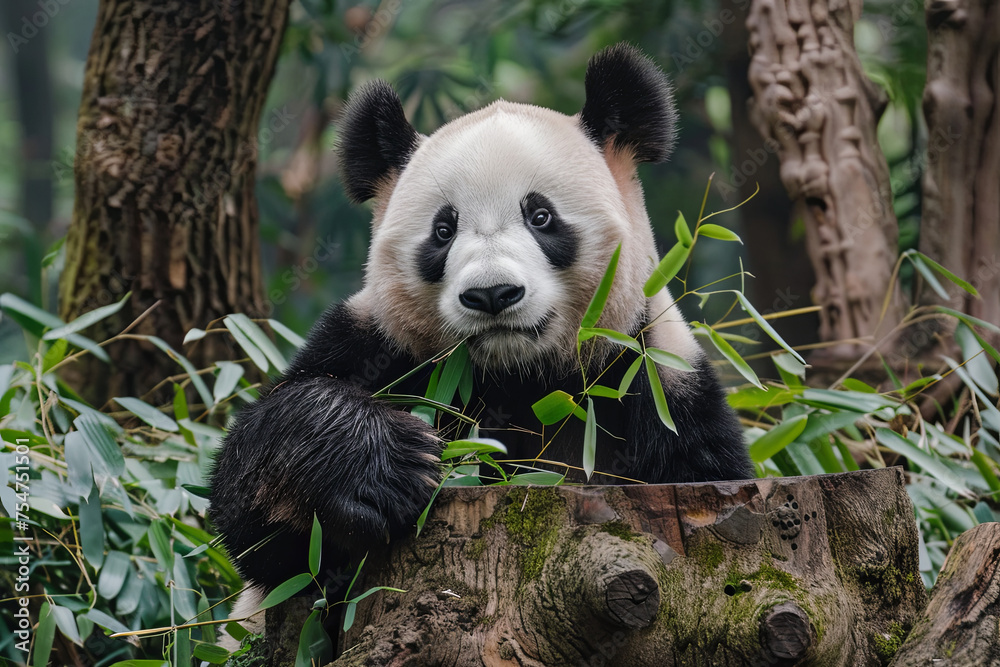 Naklejka premium A giant panda rests against a stump eating bamboo