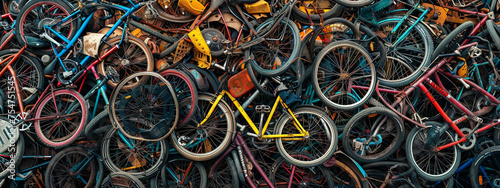 A jumble of discarded bicycle, critiquing the throwaway culture in tech consumerism