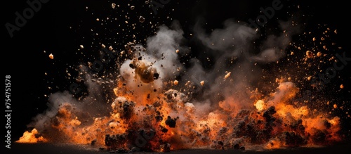 A large amount of orange and black fire is erupting against a black background, with debris flying in all directions. The flames are fierce and powerful, creating a dramatic and intense scene.