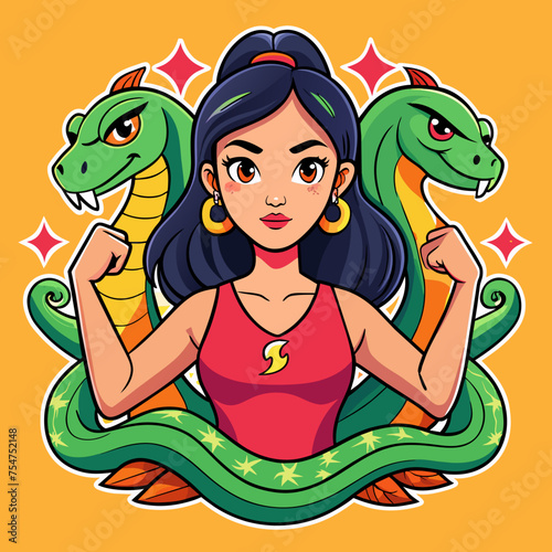 Tshirt Sticker of a Slay with Serpents Venomous Vibes Only - Capture the essence of empowerment with a sticker featuring a confident beautiful girl surrounded by coiling anacondas