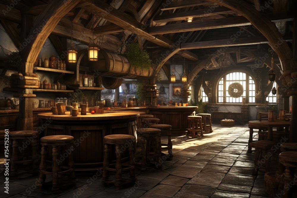 Stone-paved Medieval tavern exterior. Old pub bar. Generate Ai Stone-paved Medieval tavern exterior. Old pub bar. Generate Ai