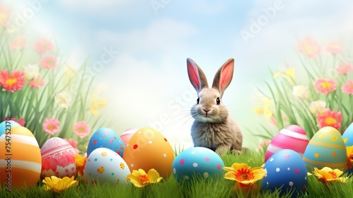 Lovely rabbits and eggs, Easter Monday celebrations, holiday propaganda illustrations,AI generated.