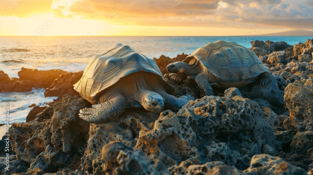 Ancient Tortoises Enjoying Sunrise Over Ocean