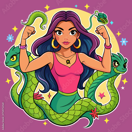 Tshirt Sticker of a Slay with Serpents Venomous Vibes Only - Capture the essence of empowerment with a sticker featuring a confident beautiful girl surrounded by coiling anacondas