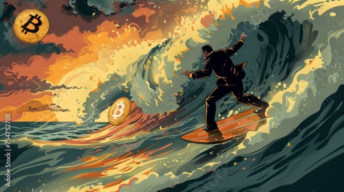 A businessman surfing on waves of change with Bitcoin symbols, depicting the volatility and adventure of cryptocurrency markets.