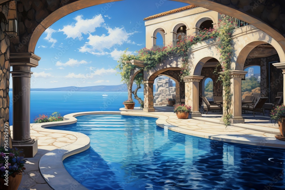 Sun-drenched Mediterranean pool view. Greece resort. Generate Ai
