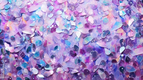 A multicolored acrylic backdrop, sprinkled with purple sparkles, showcases contemporary creativity with its avant-garde texture and rich colors.