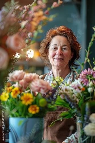 Smiling Mature Woman Florist Small Business Flower Shop Owner. Shallow Focus © Fabio