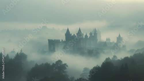 royal palace in the middle of the forest with fog. 4k video photo