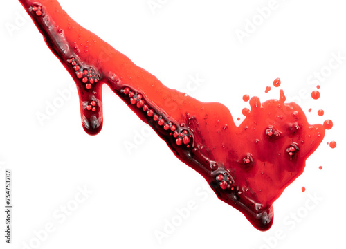 Dripping blood isolated on white background. Flowing bloody stains, splashes and drops. Trail and drips red blood close up
