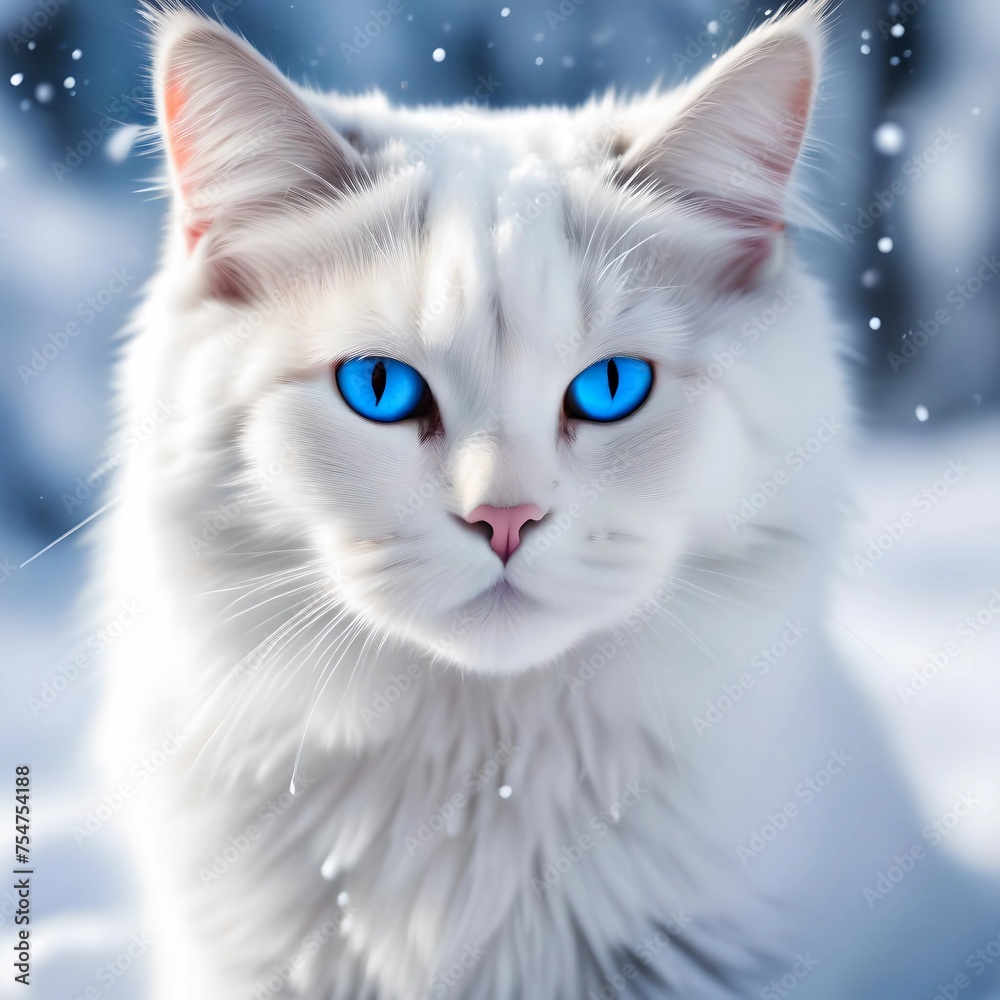 A Maine Coon cat with white fluffy fur and blue eyes.The ears are decorated with lush 