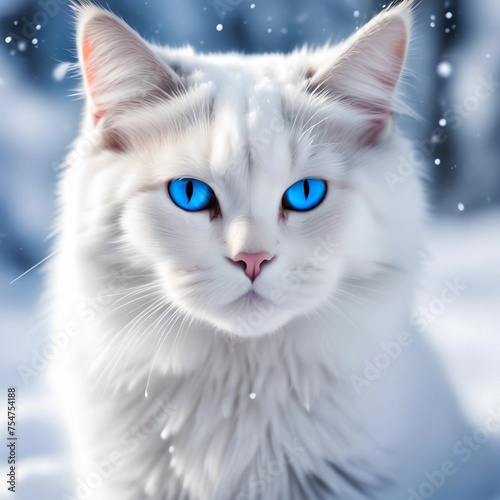A Maine Coon cat with white fluffy fur and blue eyes.The ears are decorated with lush "tassels".She sits on the snow, and the snowflakes around her create an atmosphere of snowfall. Generative AI
