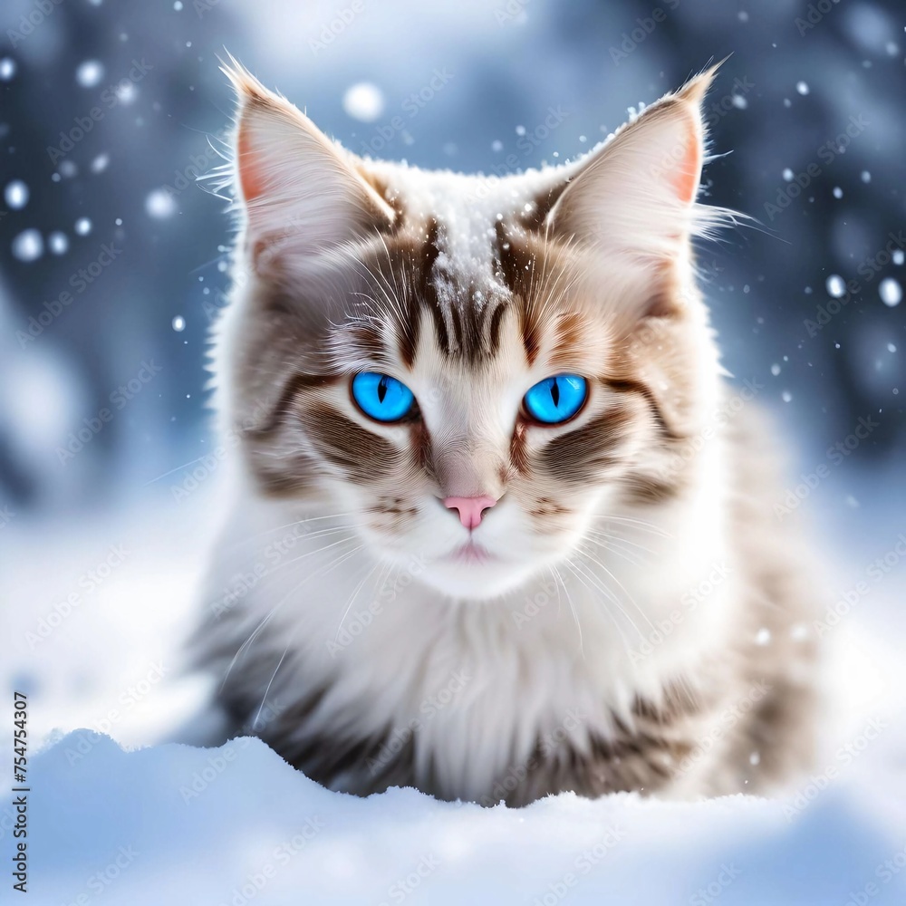 A Maine Coon cat with fluffy fur and expressive blue eyes.The ears are decorated with lush 