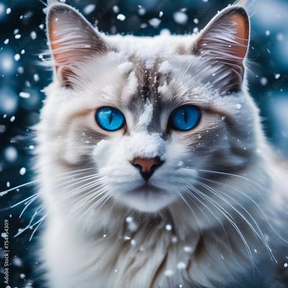 A close-up cat with fluffy fur and expressive blue eyes. Snowflakes fall on her face.The ears are decorated with lush 