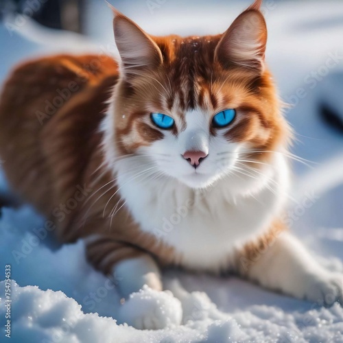 A Maine Coon cat with fluffy fur and expressive blue eyes.The ears are decorated with lush "tassels".She walks in the snow, and the snowflakes around her create an atmosphere of snowfall.Generative AI © Karen