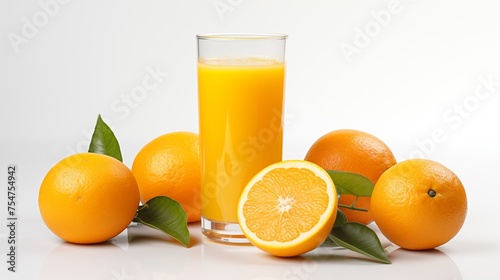  An orange juice glass surrounded by oranges on a white background