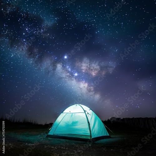 milky way and stars at night sky with camping tent