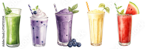 Wallpaper Mural set of five fruit smoothie clipart watercolor illustration on transparent background, summer healthy drink Torontodigital.ca